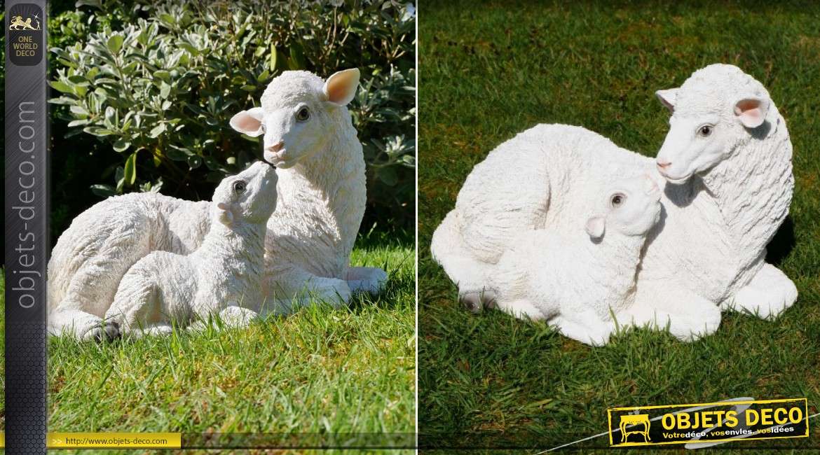 Statuette animalière : brebis et agneau 38 cm