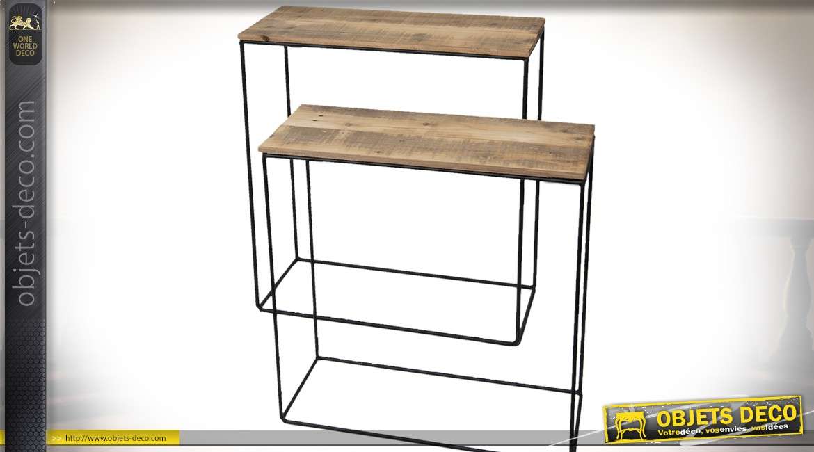 Série de deux tables consoles en bois recyclé et métal style indus 65 cm