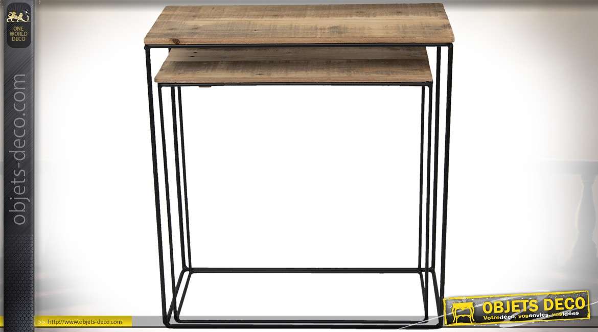 Série de deux tables consoles en bois recyclé et métal style indus 65 cm