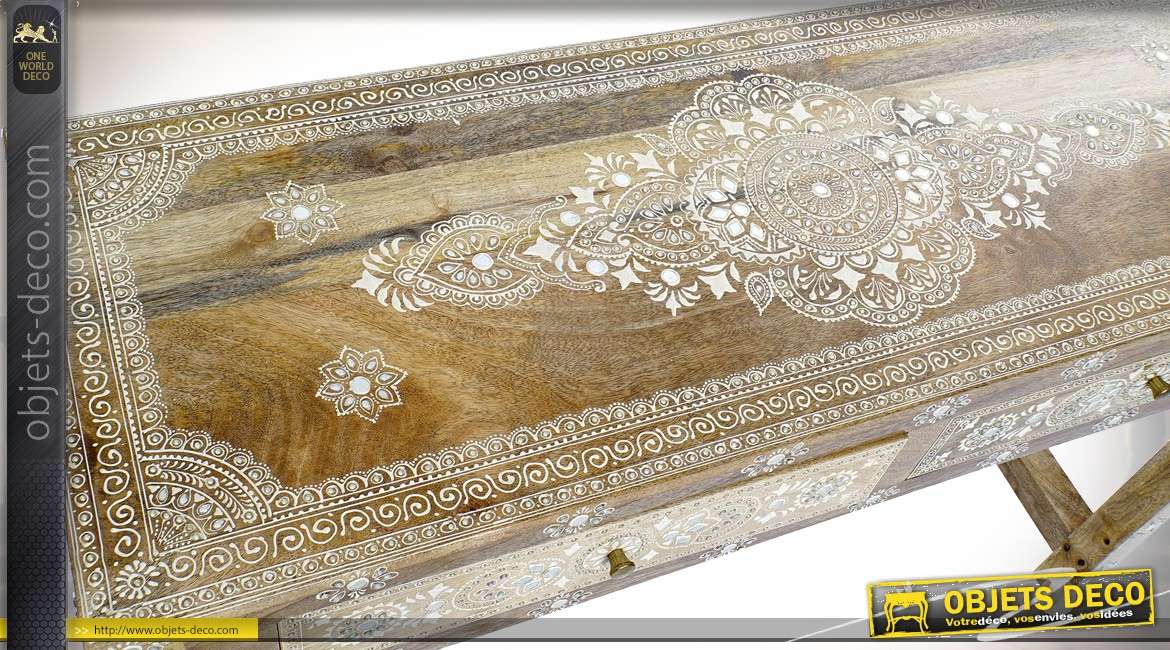 Coiffeuse avec miroir de style indien en manguier avec incrustation de brillants 167 cm