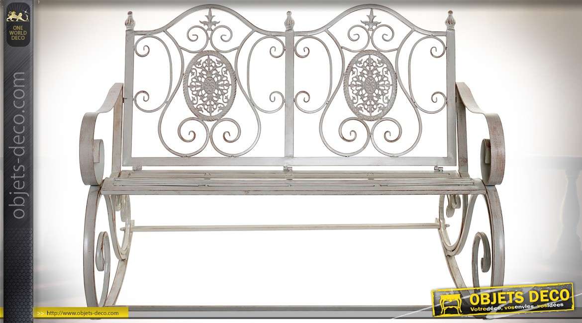 Banc de jardin à bascule en métal et fer forgé style rétro coloris gris clair vieilli 118 cm