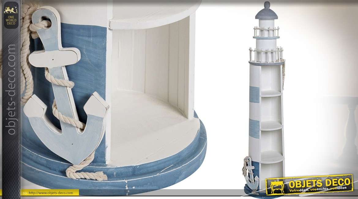 Meuble étagère d'appoint en forme de grand phare maritime bleu et blanc 139 cm