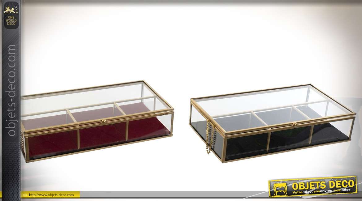 Série de 2 boîtes à bijoux vitrines en verre et métal doré 27 cm