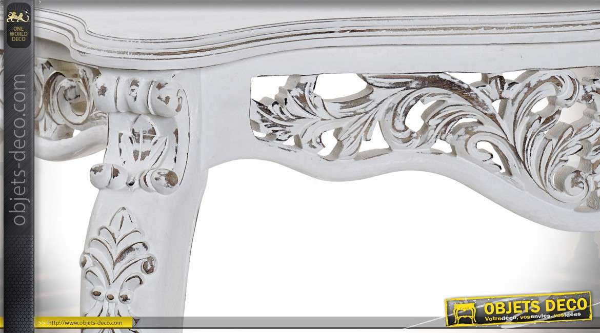 Console de style baroque en manguier sculpté patine blanche à l'ancienne 109 cm