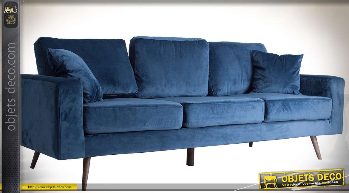 Canapé 3 places vintage avec habillage velours bleu nuit