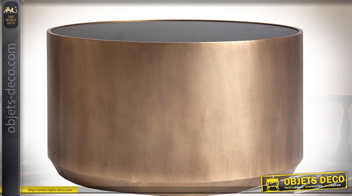 Table basse cylindrique en métal doré avec plateau en verre noir Ø 79 cm