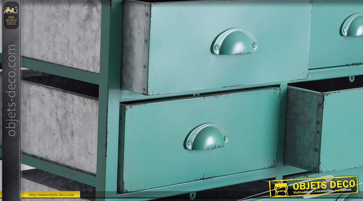 Chiffonnier industriel en bois et métal à 24 tiroirs coloris vert azur 130 cm
