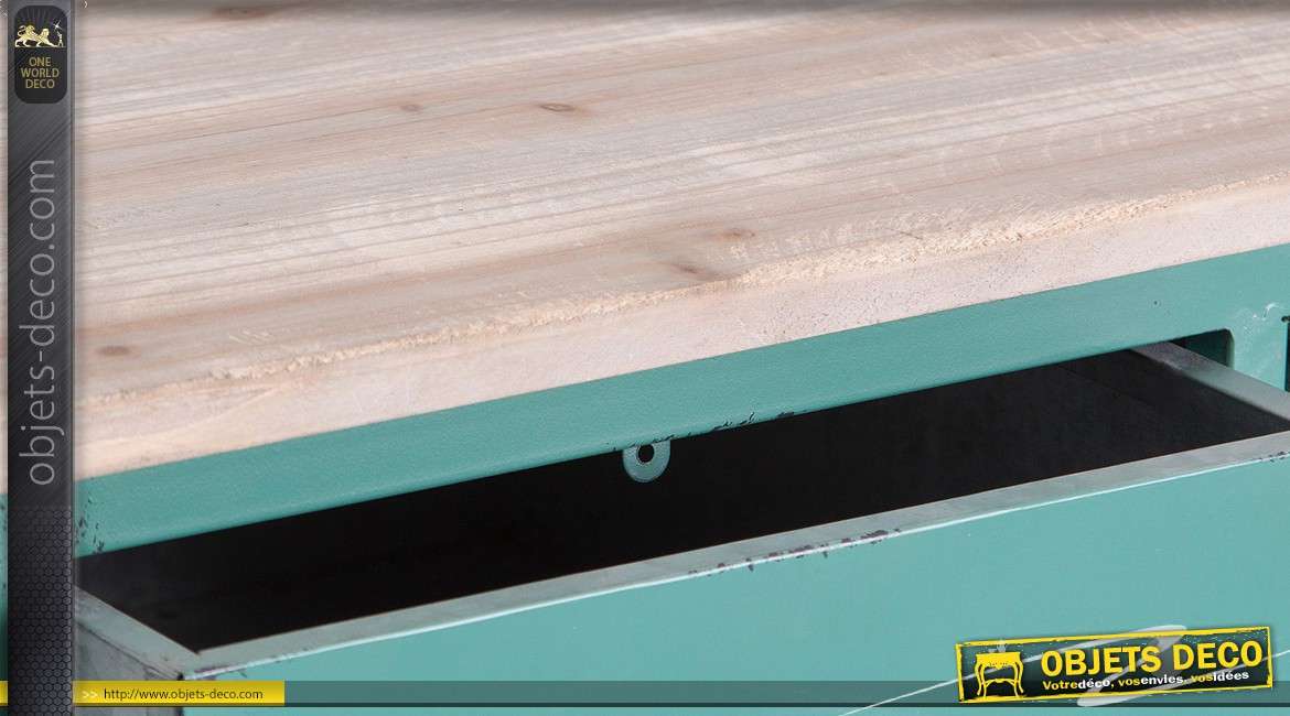 Chiffonnier industriel en bois et métal à 24 tiroirs coloris vert azur 130 cm