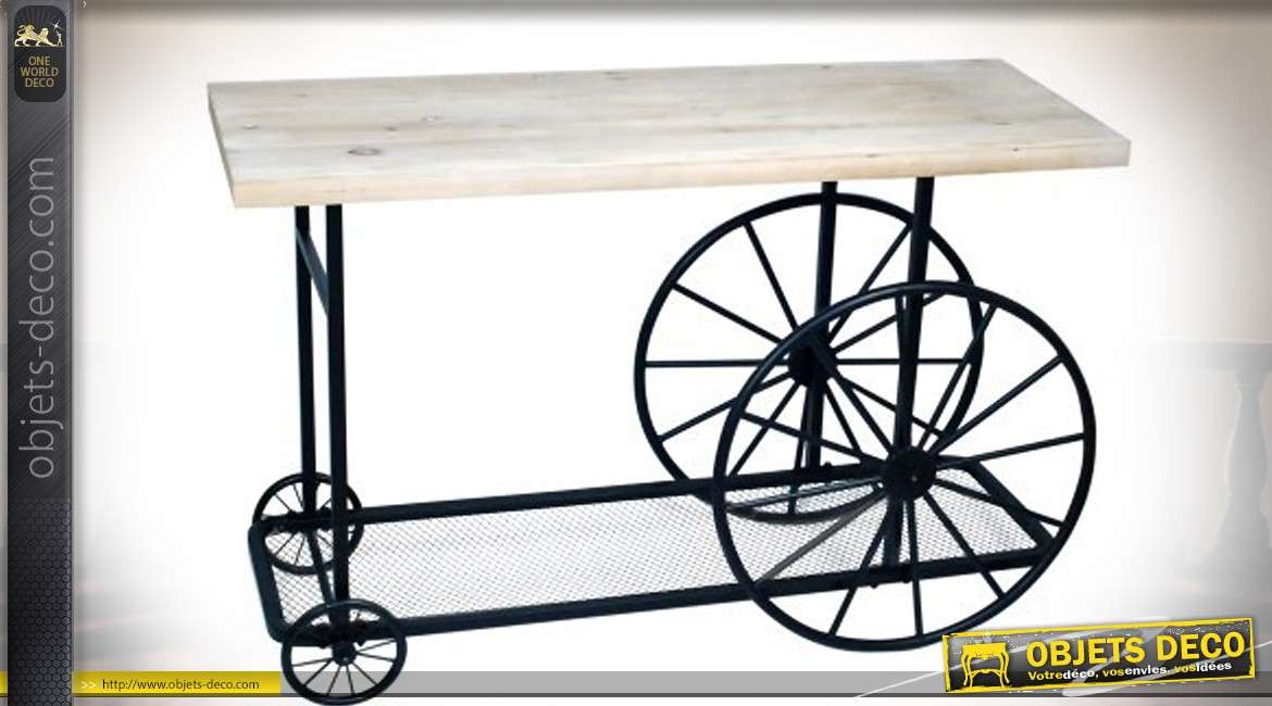 Table console originale en forme d'ancien chariot en bois clair et métal noir 120 cm
