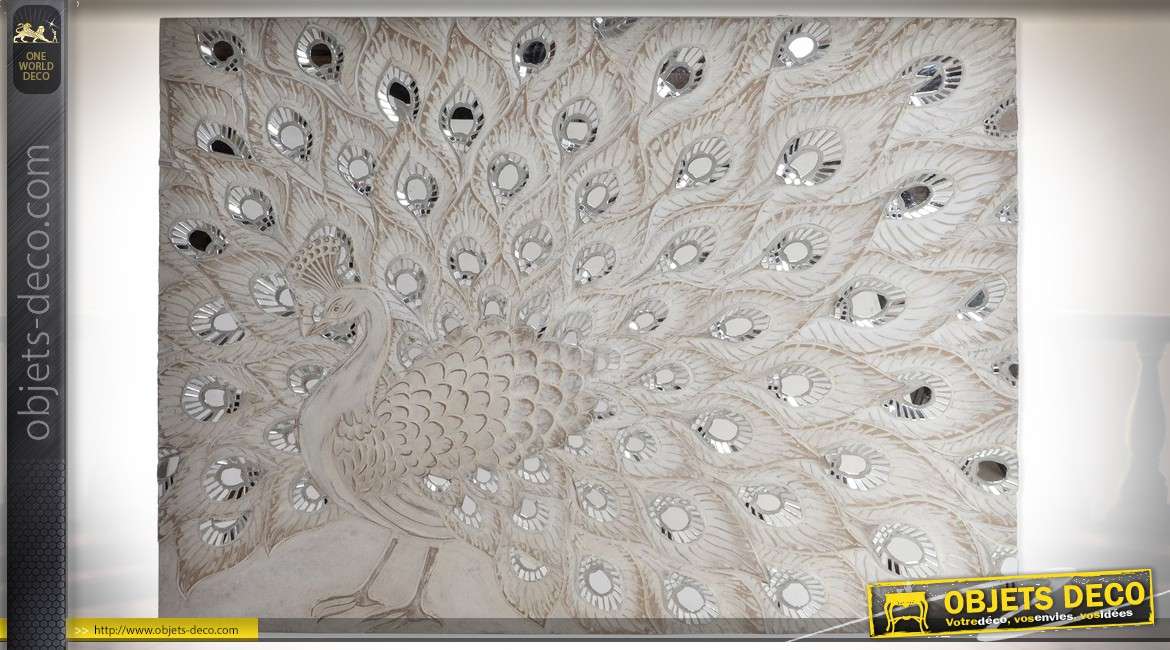 Décoration murale en bois et miroirs : paon précieux en relief 90 cm