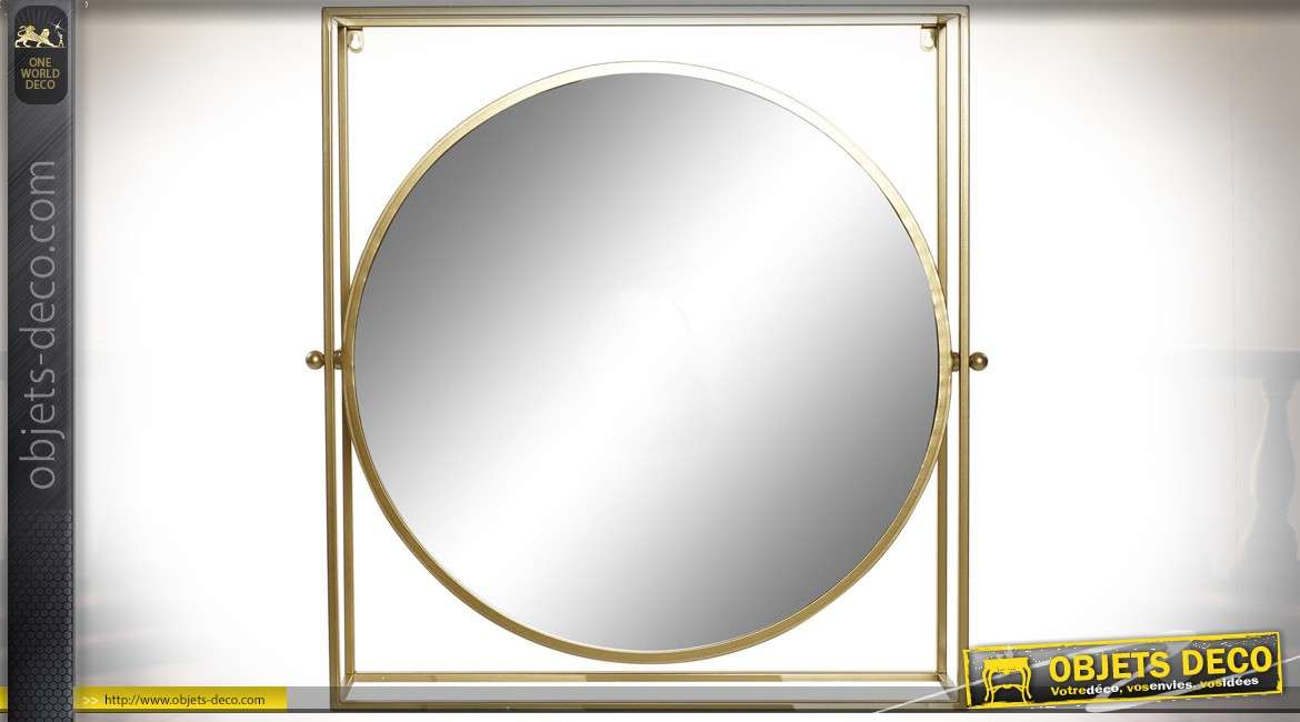 Miroir rond dans cadre carré en relief en métal patine dorée à l'ancienne 72 cm