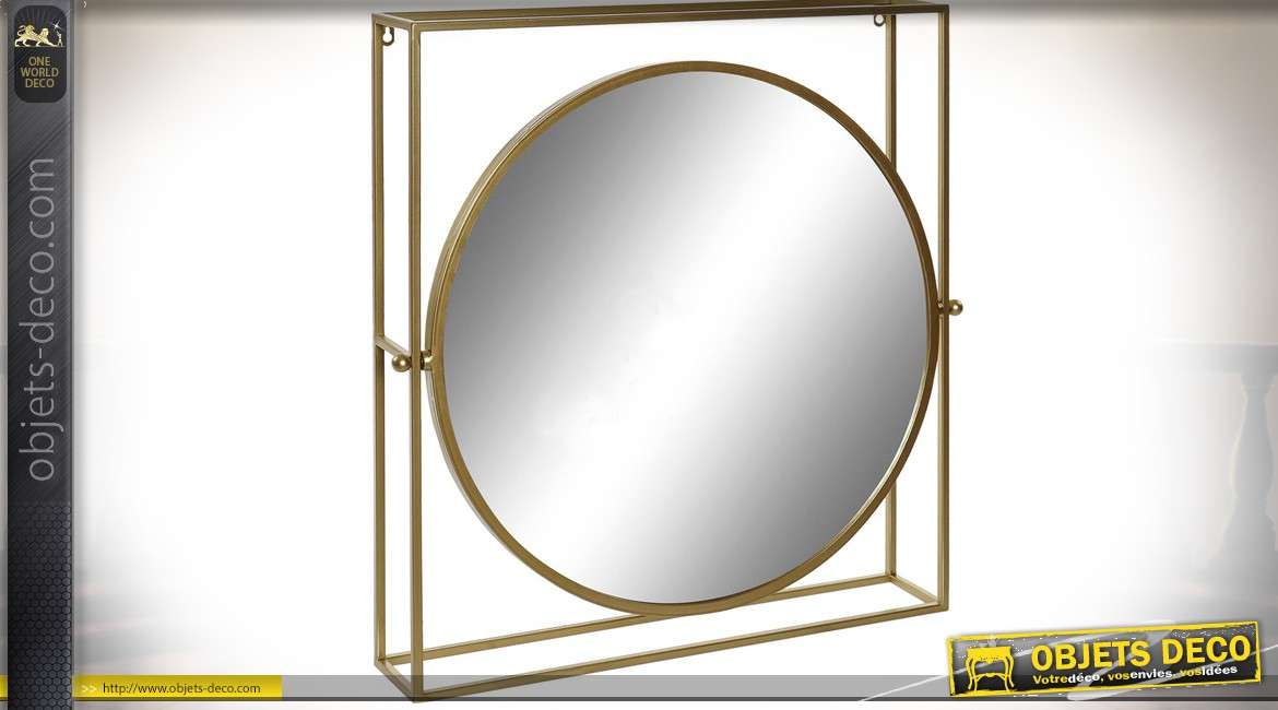 Miroir rond dans cadre carré en relief en métal patine dorée à l'ancienne 72 cm