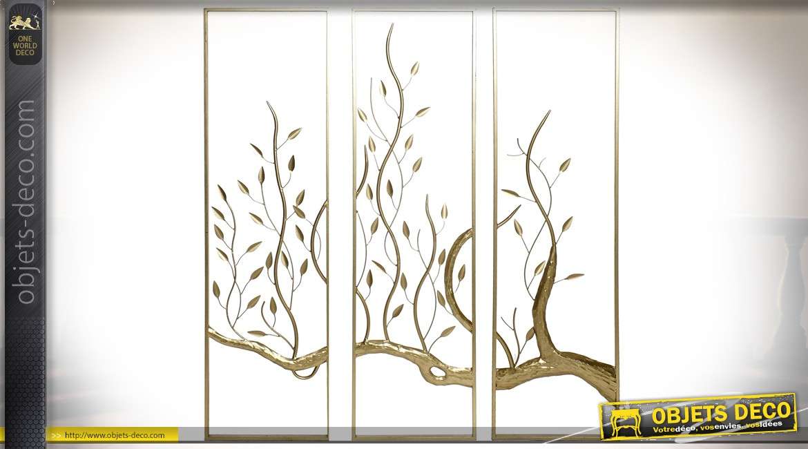 Décoration murale en métal triptyque arbre et feuillages dorés 120 cm