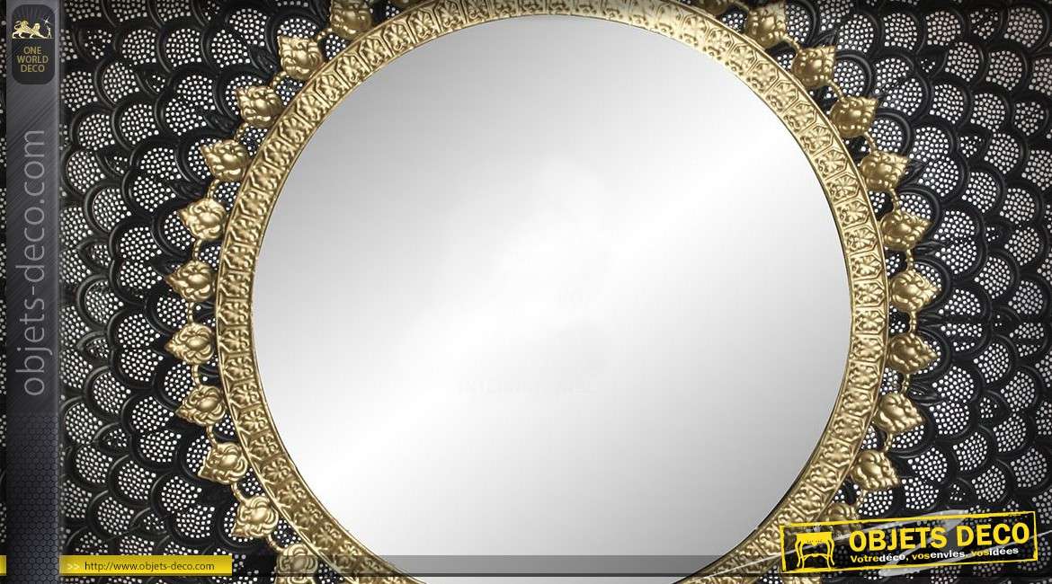Miroir rond en métal de style oriental coloris noir et or Ø 80 cm