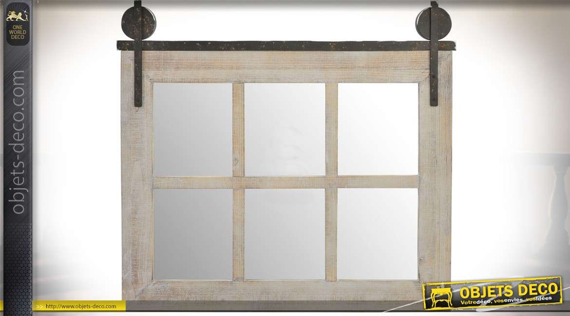 Miroir fenêtre horizontal style cottage et industriel en bois et métal 83 cm
