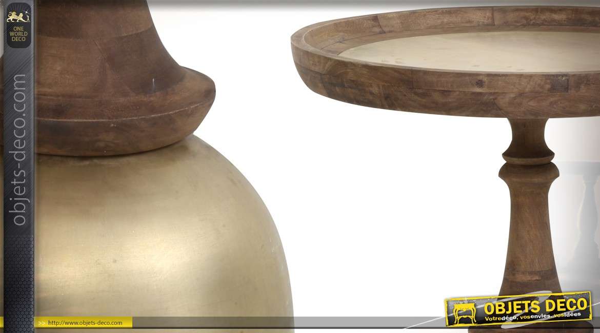 Table à thé ronde en bois et métal finition zinc doré 90 cm