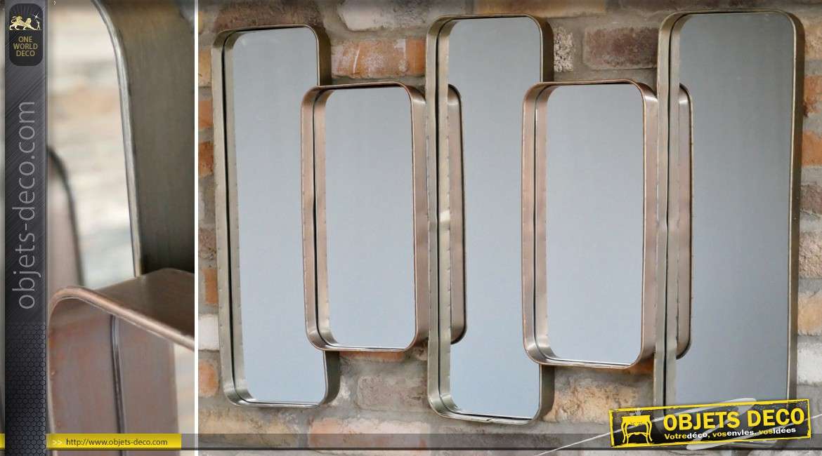 Miroir industriel design en métal argenté à 5 panneaux en relief 100 cm