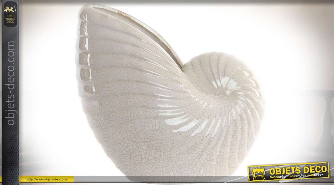 Vase céramique en forme de grand coquillage blanc effet craquelé 33 cm