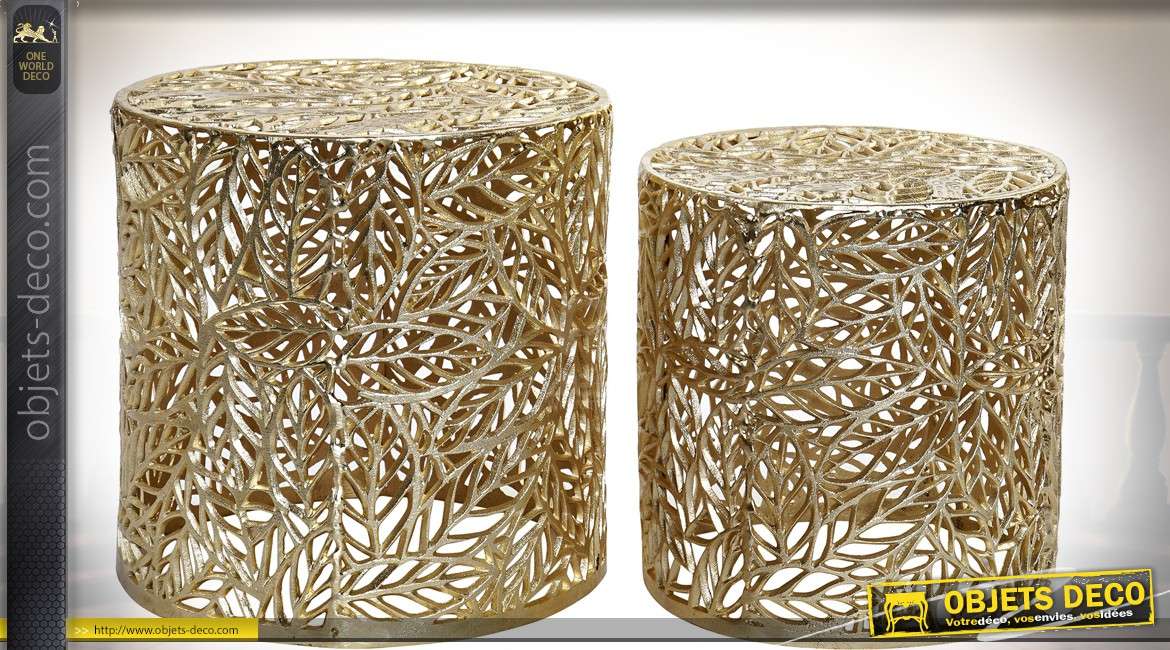 Table basse en aluminium doré en 2 volumes cylindriques motifs feuillages 42 cm