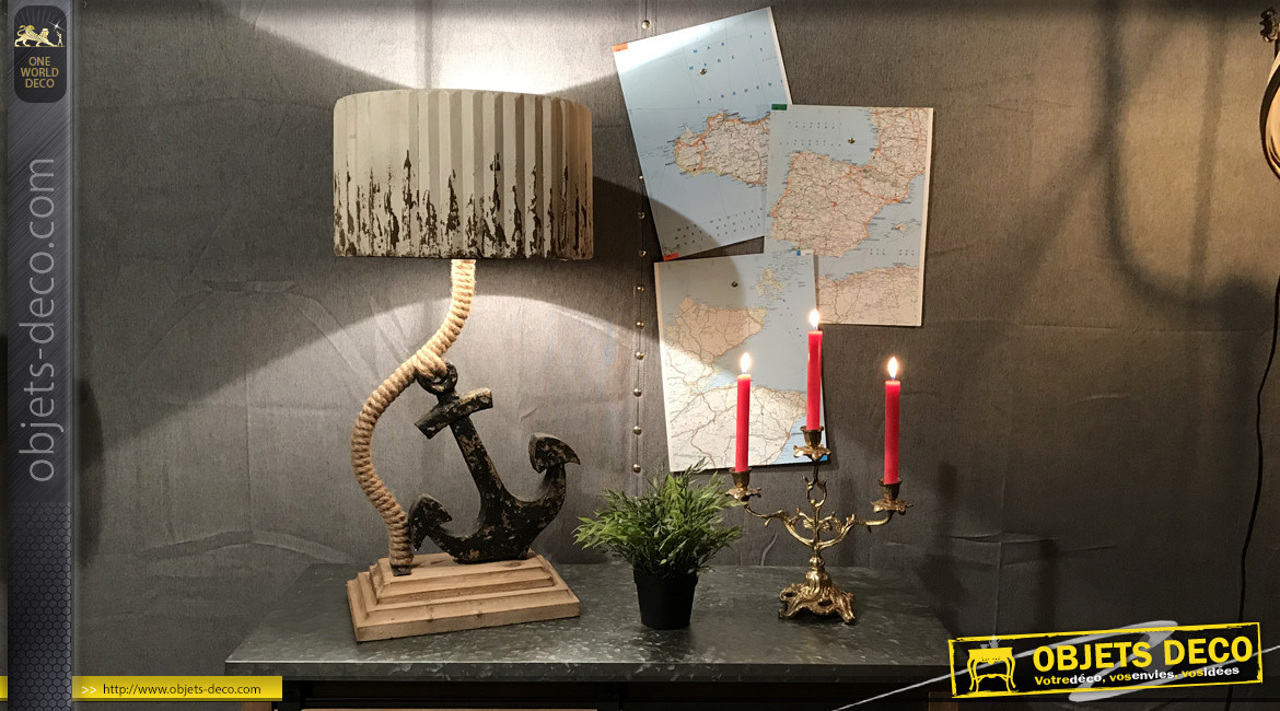 Lampe de table en bois métal et cordage sur le thème de la marine 76 cm