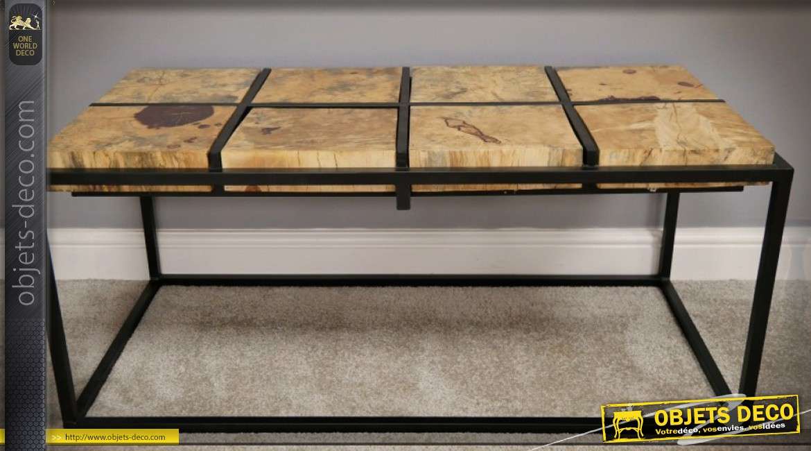 Table basse design en bois de tamarin massif et métal noir mat 110 cm