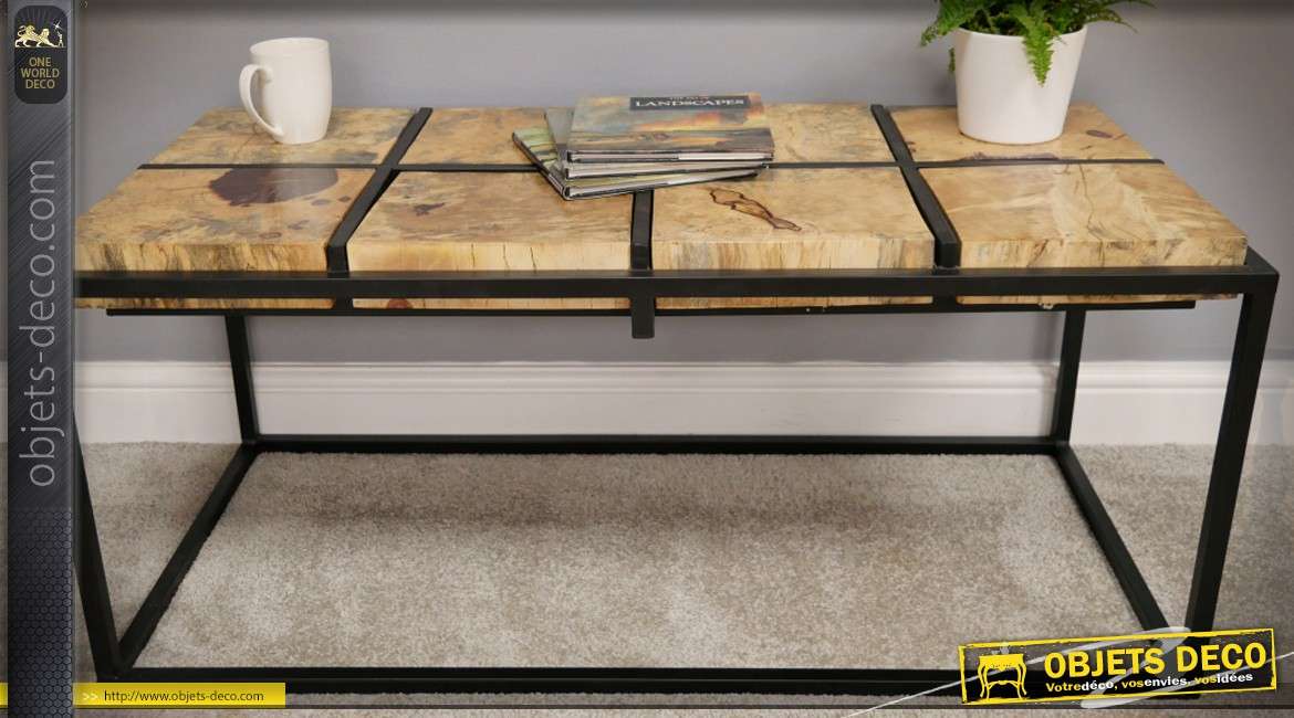 Table basse design en bois de tamarin massif et métal noir mat 110 cm