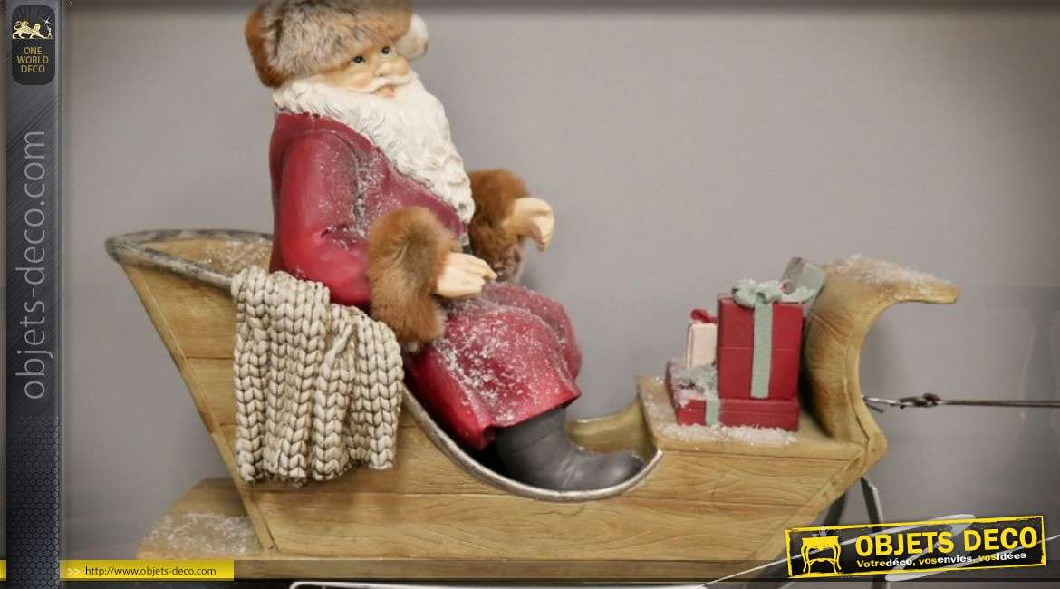 Grande décoration de Noël, Père-Noël en traineau avec cerf 75 cm
