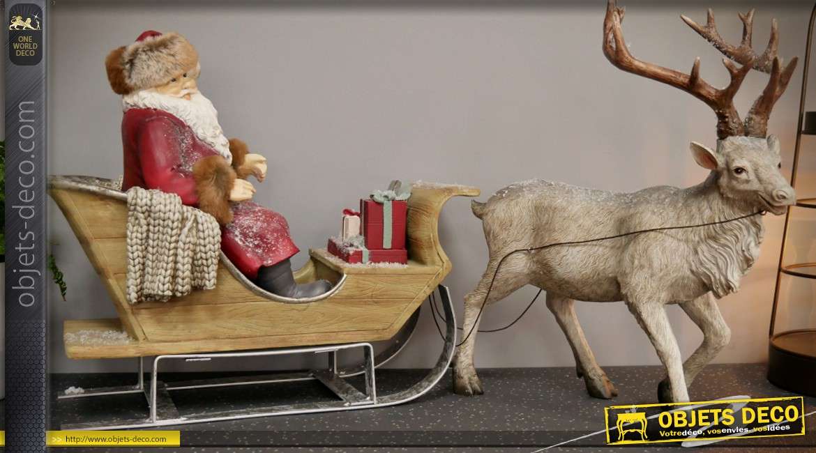 Grande décoration de Noël, Père-Noël en traineau avec cerf 75 cm