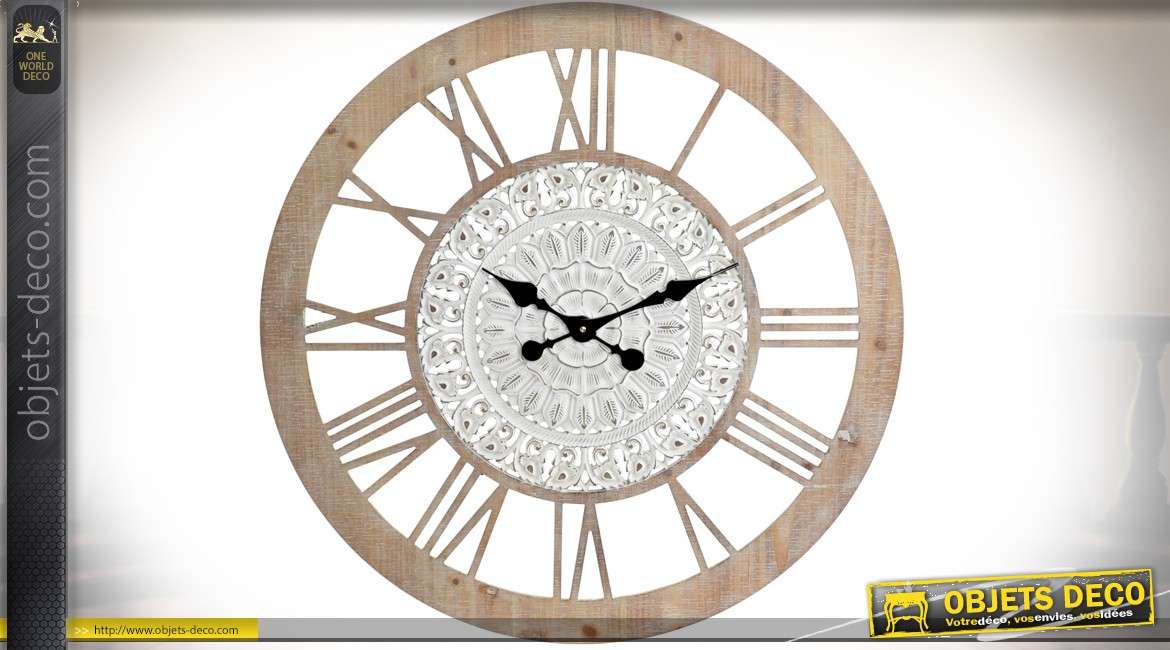 Horloge en bois et métal chiffres romains motifs mandalas relief Ø 80 cm