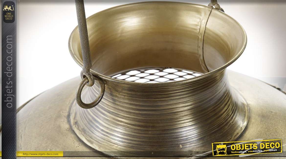 Bougeoir métal doré forme lanterne rétro à poser ou suspendre Ø 33 cm