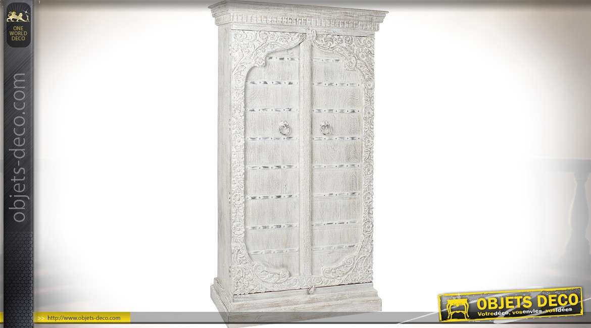 Grande armoire à 2 portes en manguier style indien patine blanche vieillie 190 cm