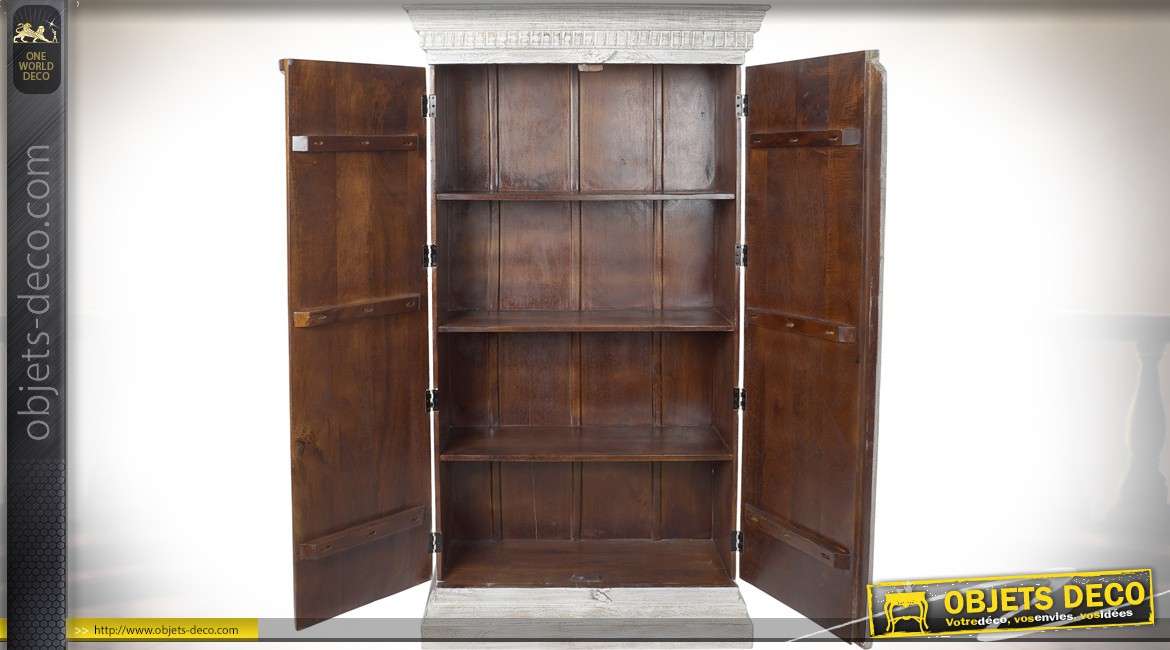 Grande armoire à 2 portes en manguier style indien patine blanche vieillie 190 cm