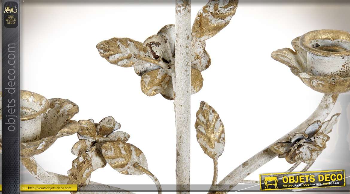 Grand chandelier bois et métal baroque fleurs et feuillages dorés 82 cm