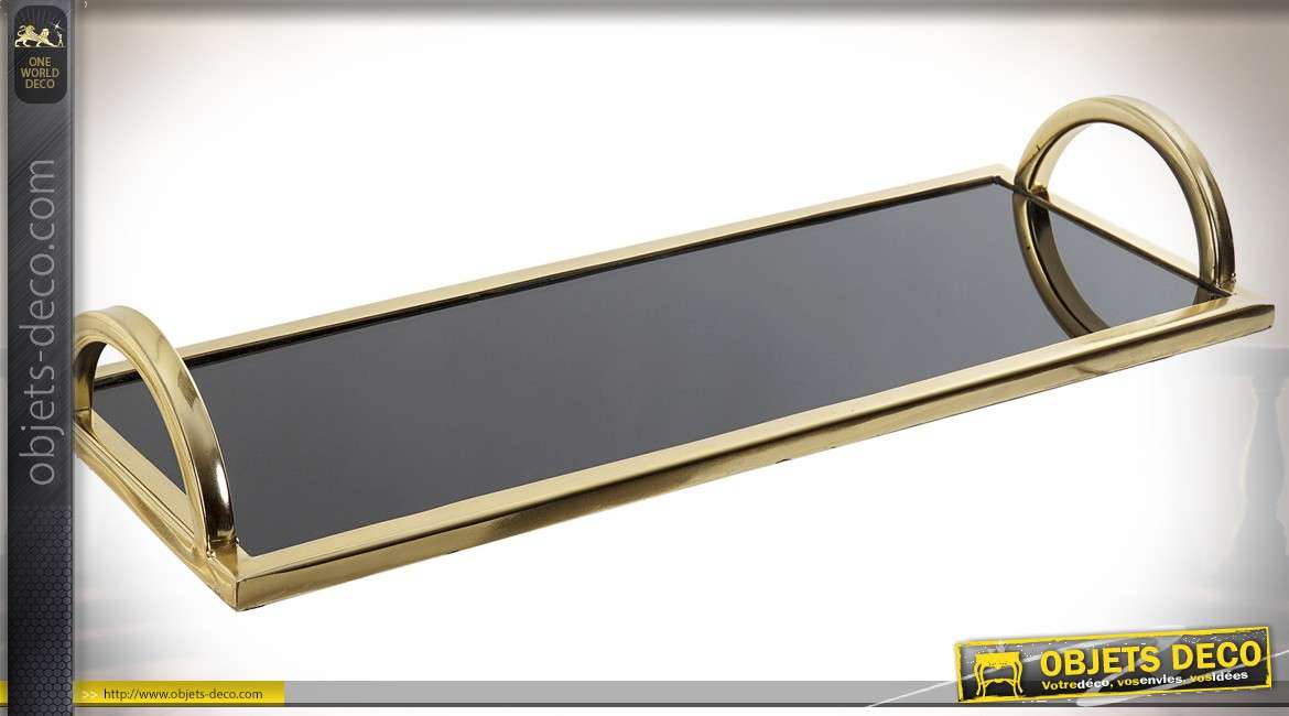 Plateau design rectangulaire 40 cm en métal doré et verre noir