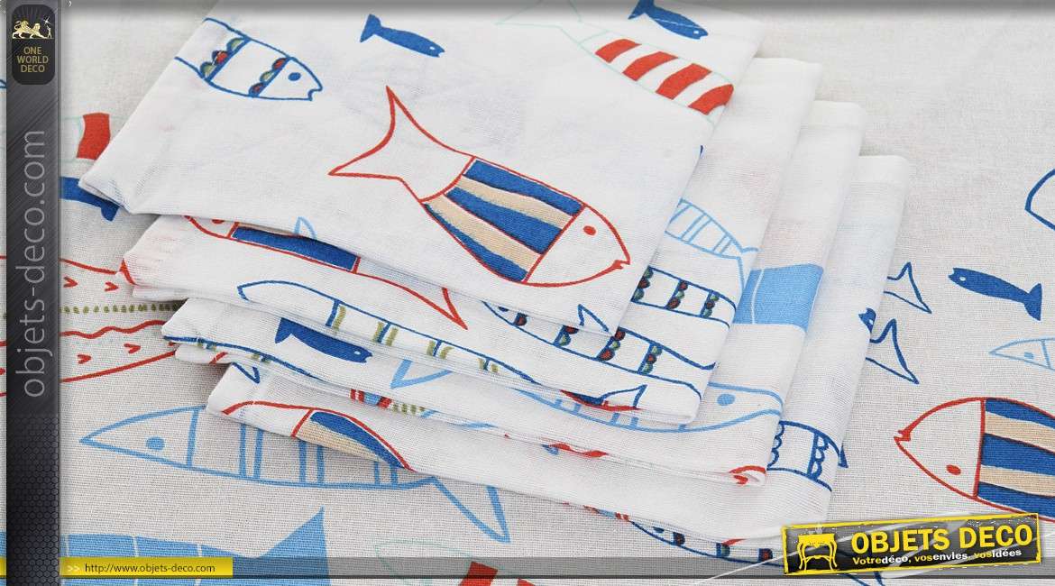 Grande nappe 250 cm coton motifs poissons stylisés avec serviettes de table assorties
