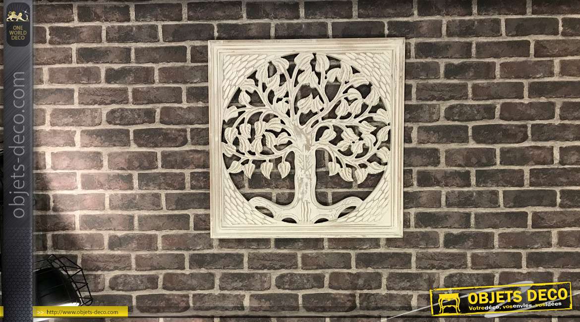 Fresque murale en manguier sculpté blanc vieilli : arbre de vie 60 x 60 cm