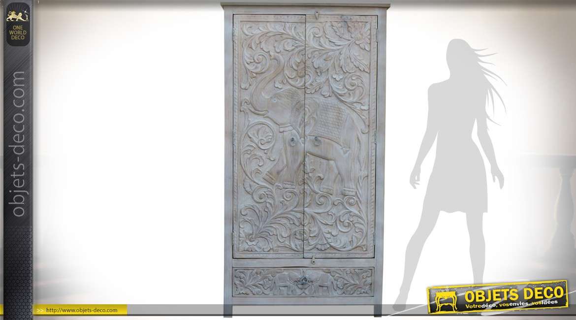 Armoire à 2 portes sculptées motif éléphant indien patine blanc et gris 185 cm