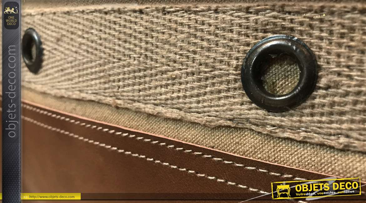 Cube pouf coussin de sol coton et cuir rétro coloris beige et brun 42 cm