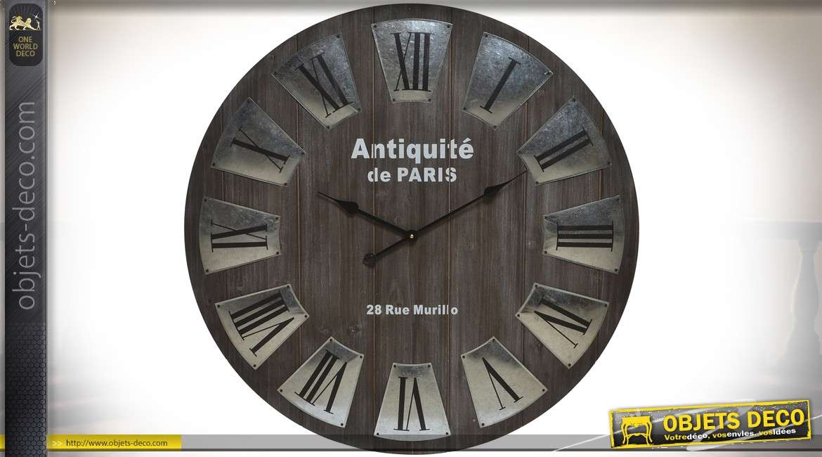 Grande horloge en bois et métal imitation zinc style rétro et indus Ø 80 cm
