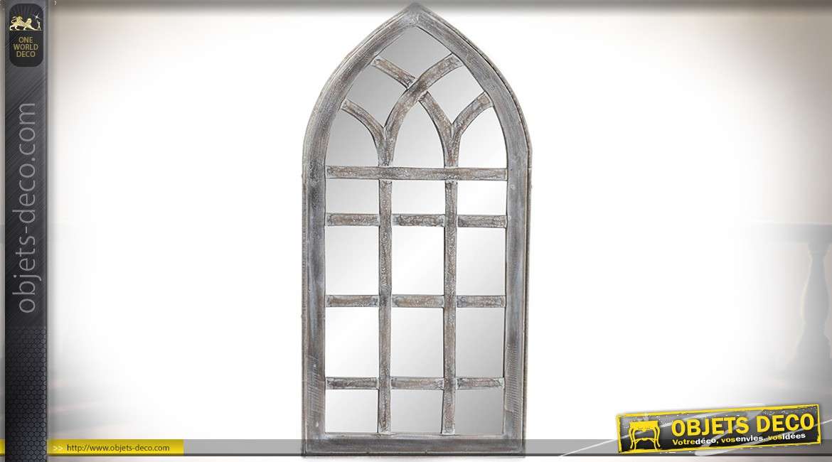 Miroir-fenêtre gothique en ogive en bois vieilli et blanchi 122 cm