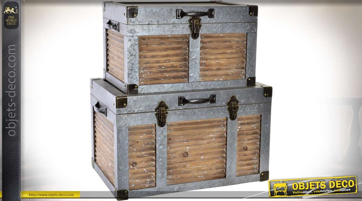 Série de deux coffres en bois et métal style indus et rétro 60 cm