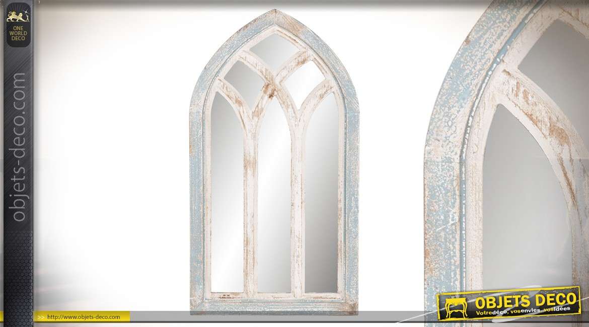 Miroir de style gothique en bois finition ancienne, reflets turquoises vintages
