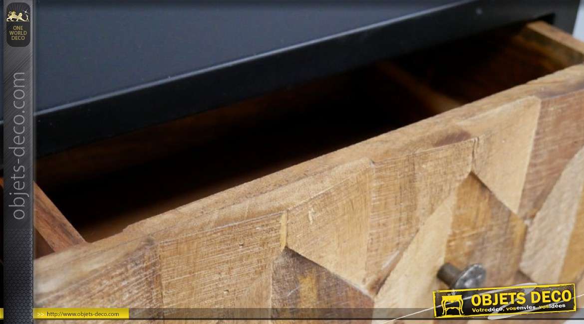 Table de chevet en bois de manguier et métal noir, style rustico-indus 2 tiroirs
