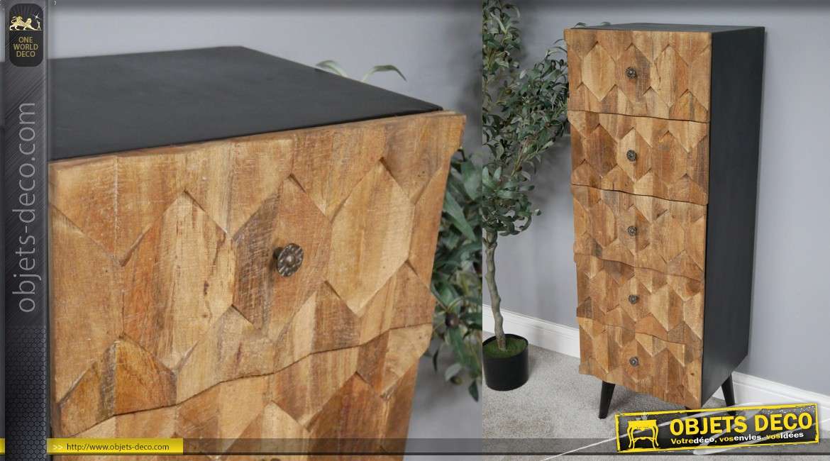 Meuble haut en bois de manguier et métal noir, 5 tiroirs de style industriel