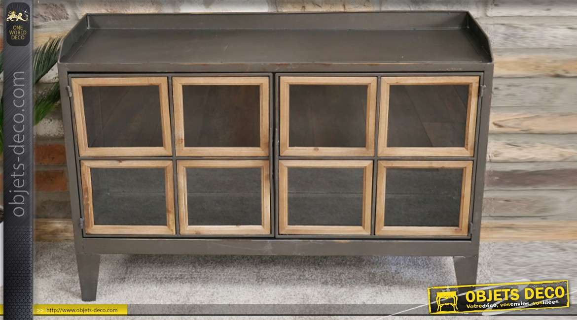 Meuble d'appoint bas en métal de style industriel, deux portes vitrées bois naturel