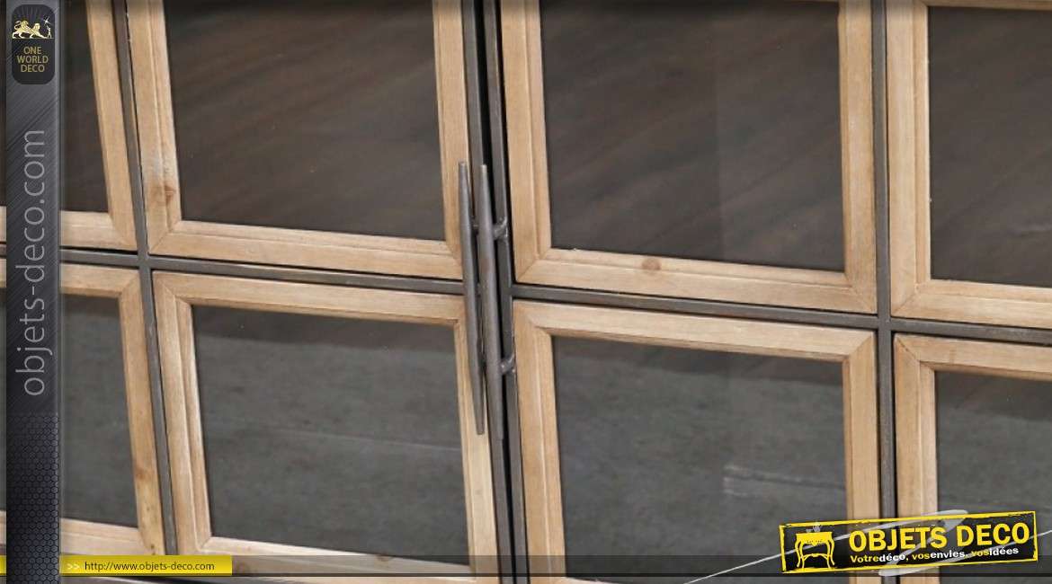 Meuble d'appoint bas en métal de style industriel, deux portes vitrées bois naturel