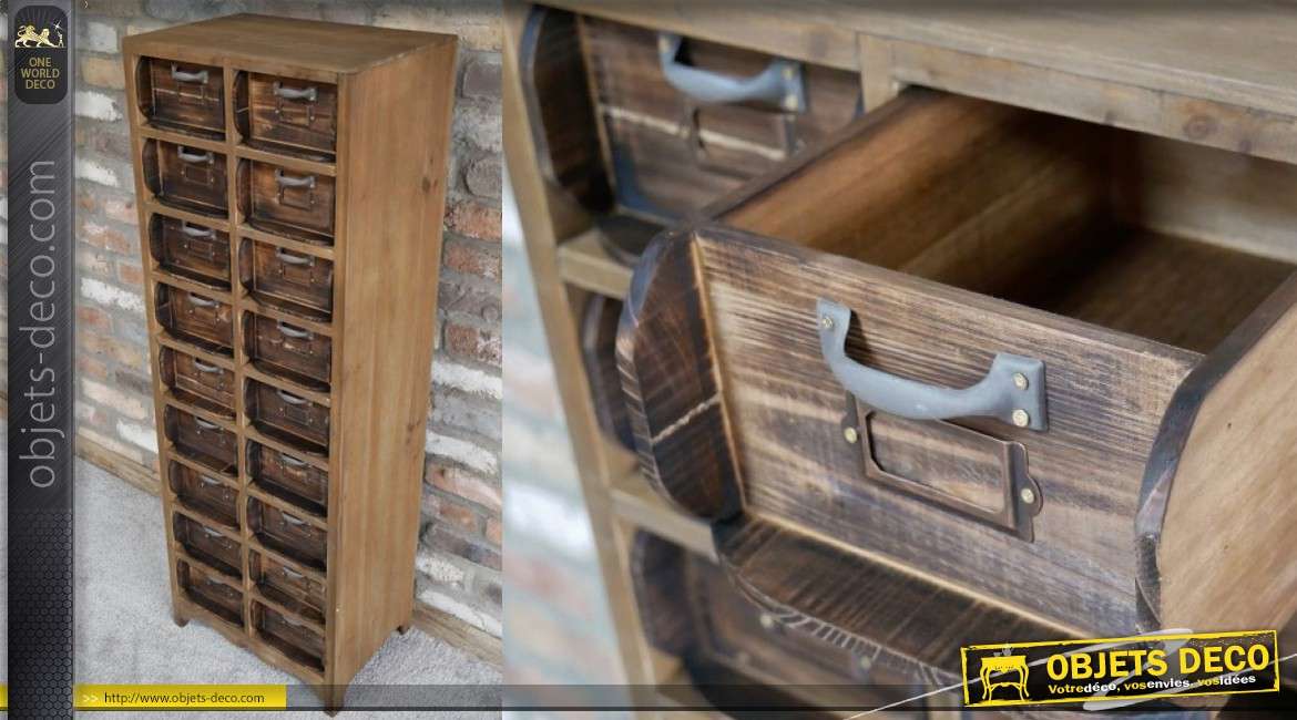 Meuble d'appoint en bois, 18 tiroirs finitions vieillie avec poignées grises ou argentées