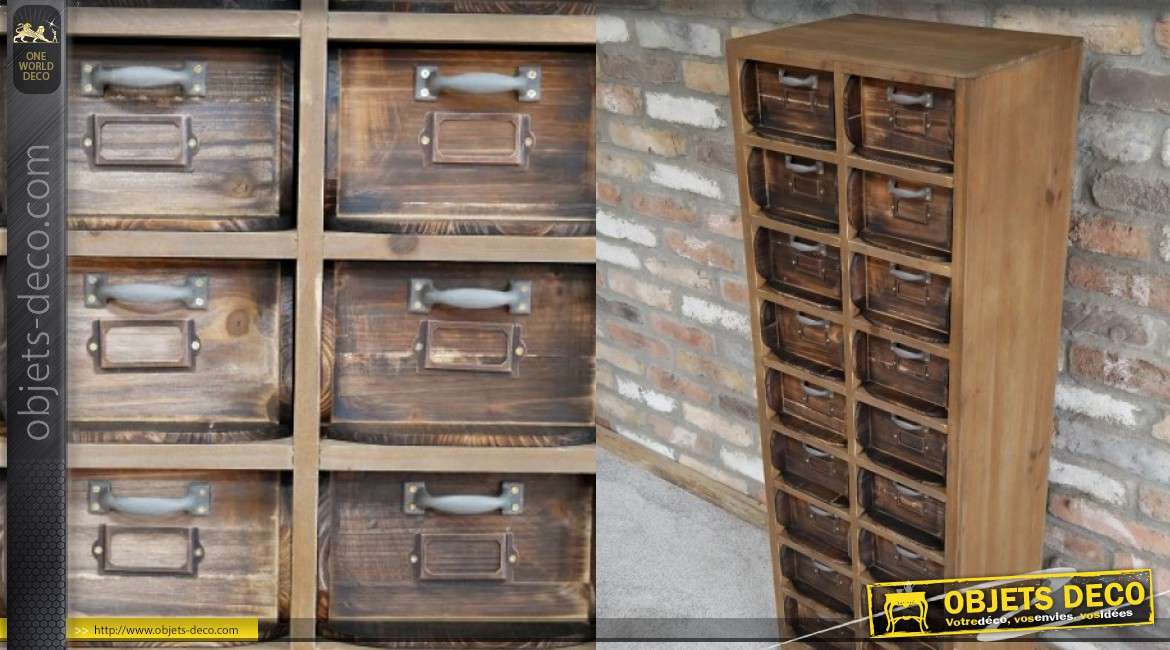 Meuble d'appoint en bois, 18 tiroirs finitions vieillie avec poignées grises ou argentées