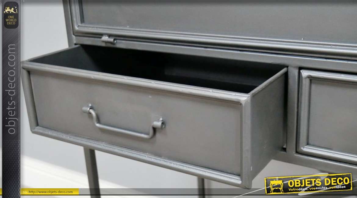 Secrétaire de style industriel en métal, finition effet brossé avec deux tiroirs
