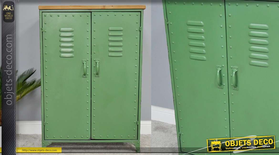 Meuble d'appoint en métal finition vert vintage, 2 portes style vestiaires avec rivets apparents